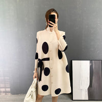 Pleated Polka Dot Coat Autumn New Lace-up Breasted Stand Collar Cardigan