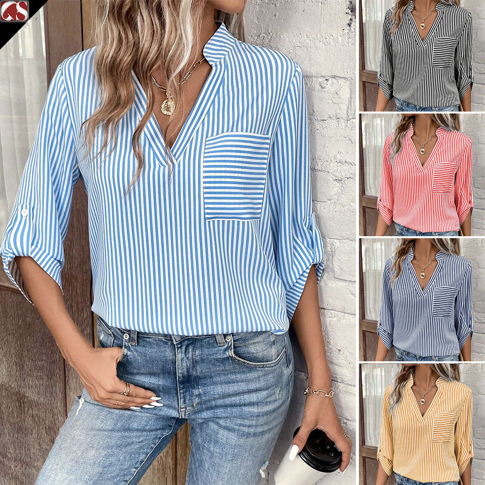 Women's V-neck Pullover Striped Printed Long Sleeves Casual Shirt