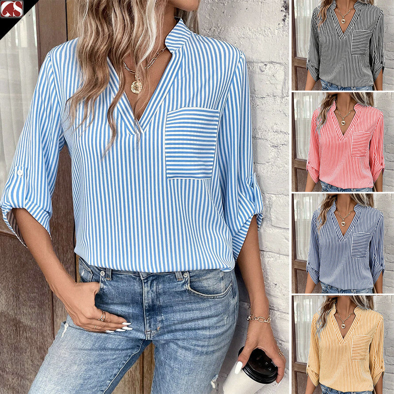 Women's V-neck Pullover Striped Printed Long Sleeves Casual Shirt