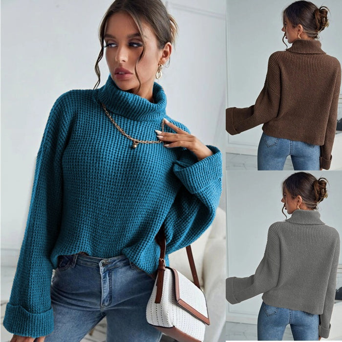 New Style High Collar Solid Color Slim Knit Sweater For Women