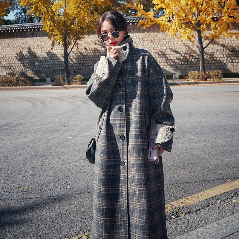 Loose And Thick Temperament Retro Plaid Mid-length Woolen Coat Women