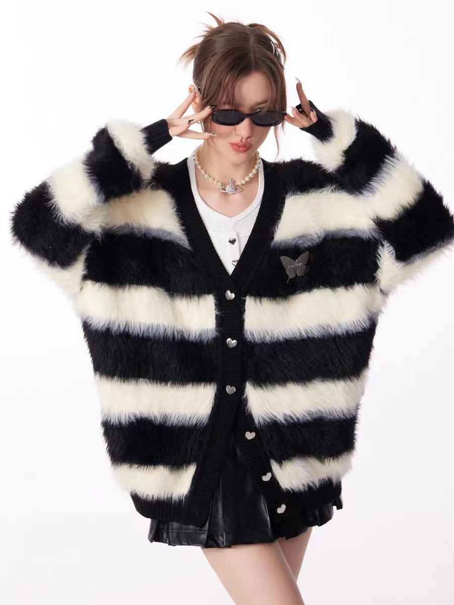 Black And White Striped Soft Glutinous Thick Lazy Knitted Cardigan