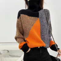 Women's High End Chic Western Style Contrasting Color Turtleneck Sweater