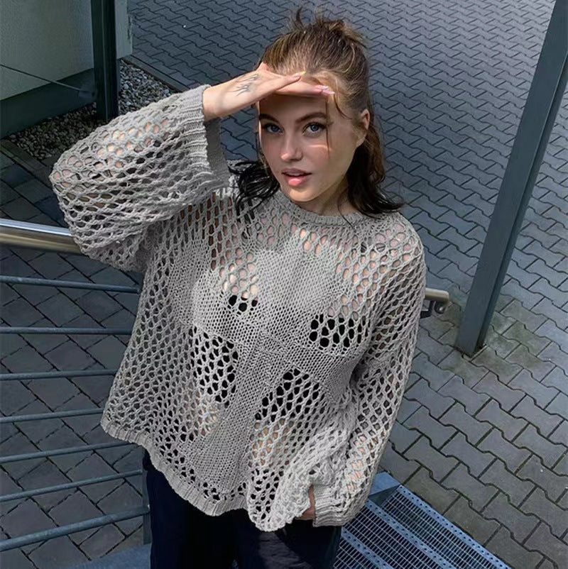 Women's Fashion Round Neck Hollow Knitted Sweater