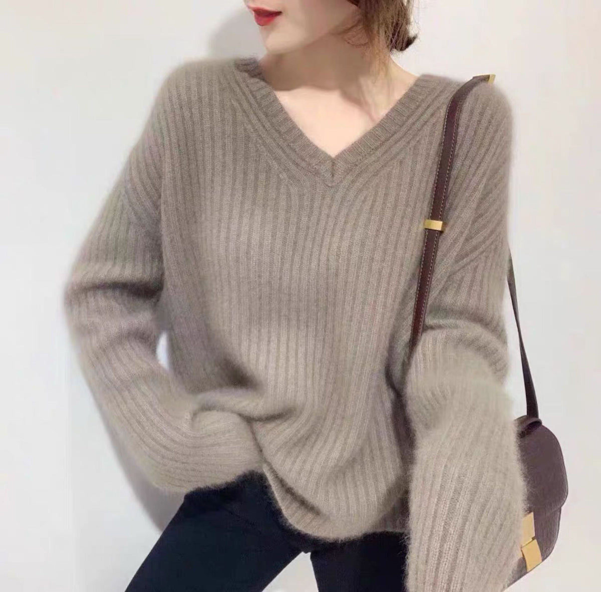 Loose Pullover V Neck Lazy Knit Sweater Outer Wear Women's Clothing