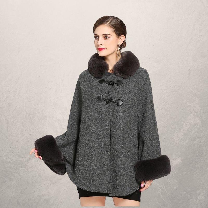 European and American autumn and winter new style rex rabbit fur collar double leather buckle knitted cardigan cloak shawl woolen coat women