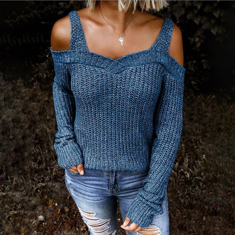 Women's Sling Off Shoulder Knit Solid Color Casual Long Sleeve Sweater