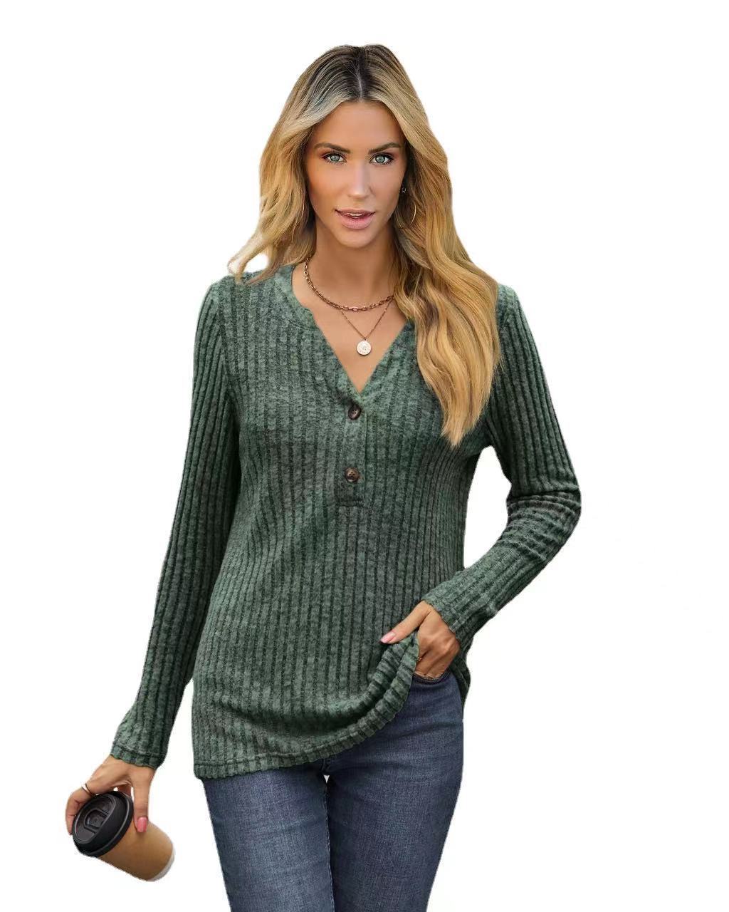 Solid Color And V-neck Long Sleeve T-shirt