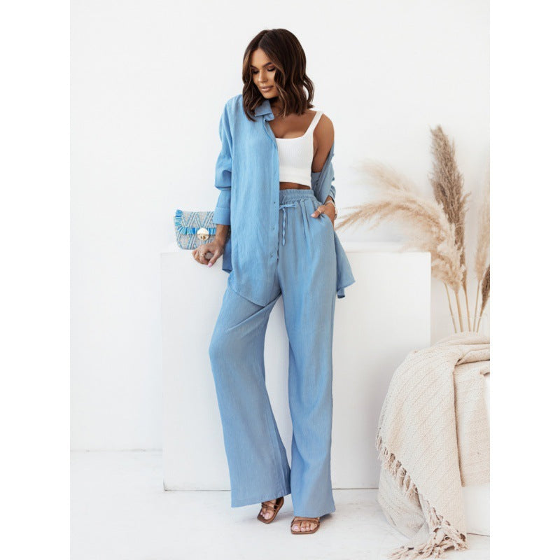 Loose Elastic Wrinkle Long-sleeved Shirt Wide-leg Pants Casual Suit