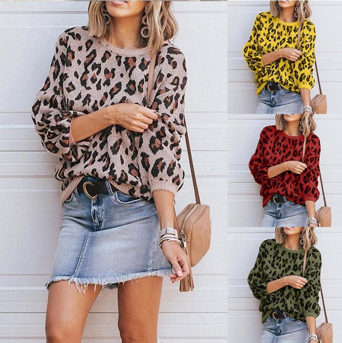 Lantern Sleeve Leopard Jacquard Sweater Female