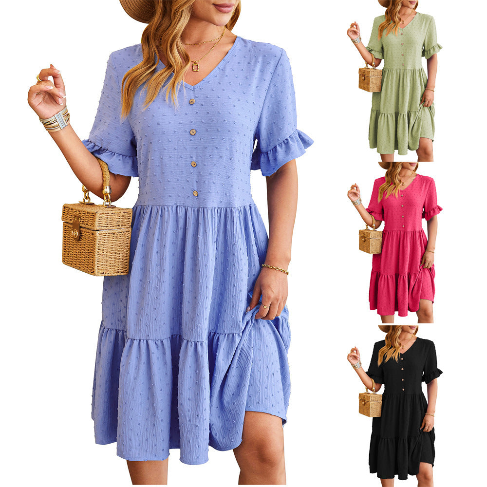 New V-neck Ruffle Short-sleeved Dress Summer Casual Fashion Button Jacquard Design Pleated Dresses Solid Color Womens Clothing