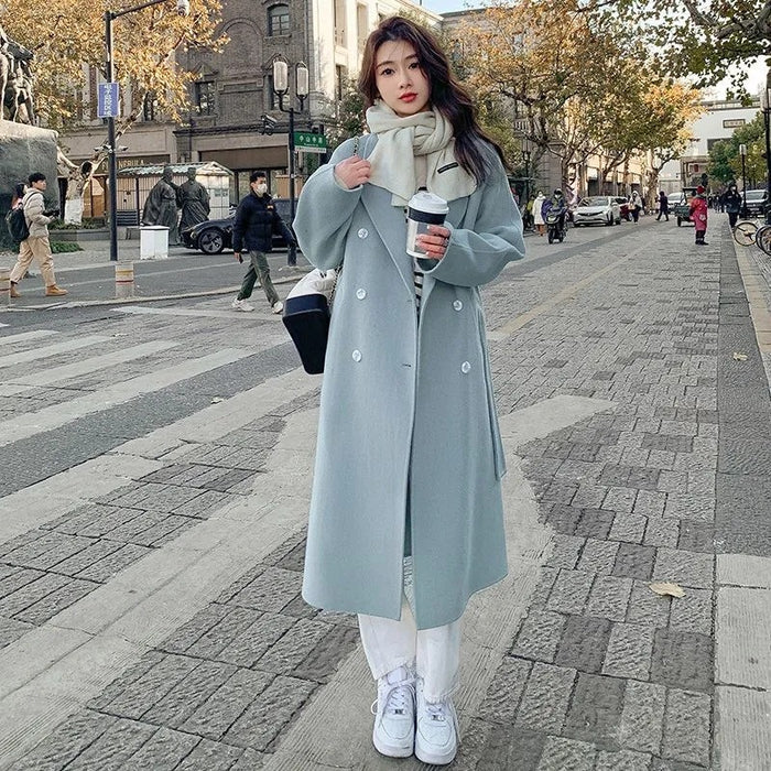 Loose Mid-length Lace-up Woolen Coat Women