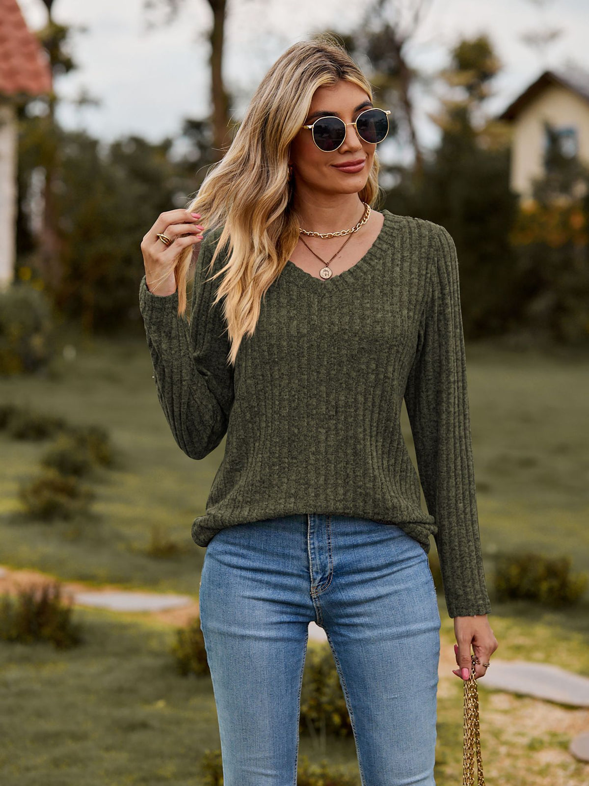 V-neck Brushed Sunken Stripe Solid Color Top Long Sleeve