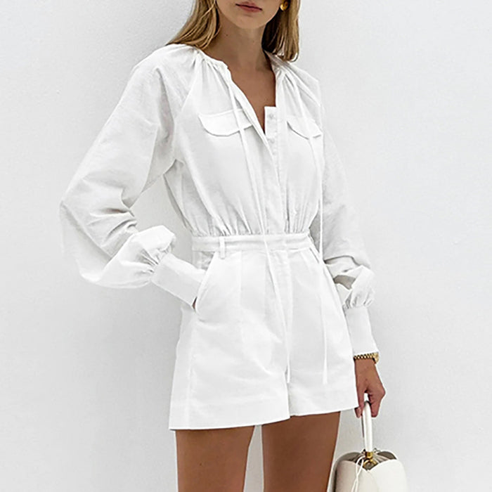 Fashion Loose White Slub Cotton Jumpsuit For Women