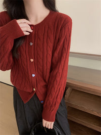 Gentle Color Heart Buckle Cable-knit Sweater Coat For Women