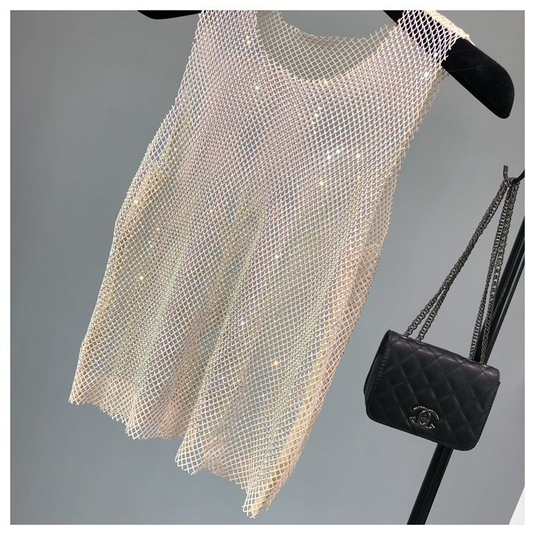 Rhinestone Mesh Waistcoat Women's Light Diamond Hollow Sleeveless Top