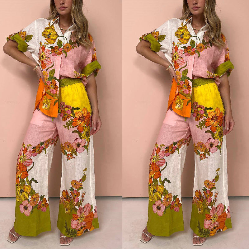 Printed Cotton And Linen Two-piece Suit Outfit Top Wide-leg Pants