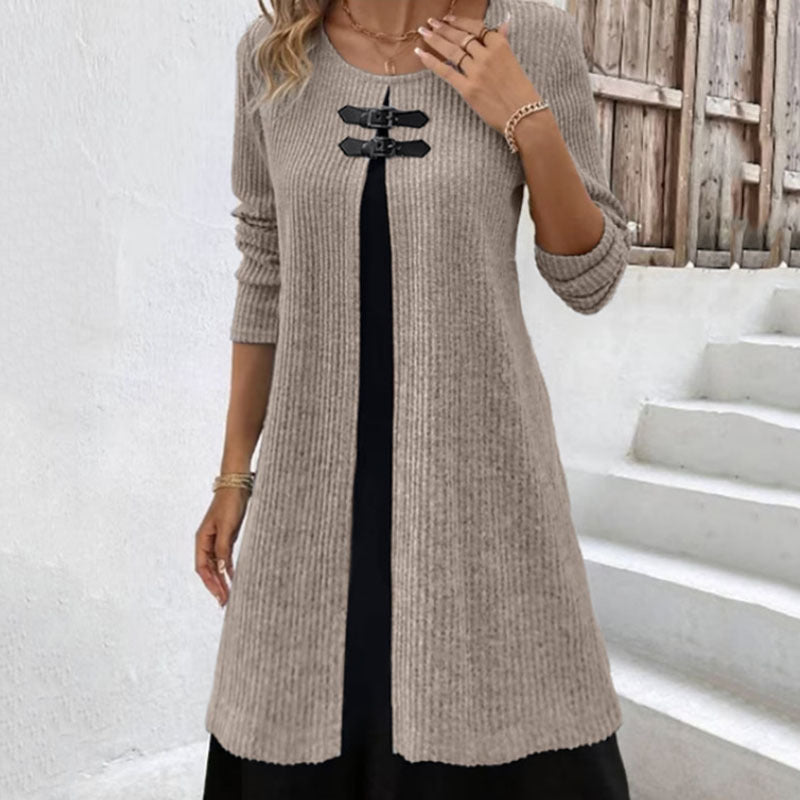 Contrast Color False Two-piece Suit Button Slim Fit Dress Sweater