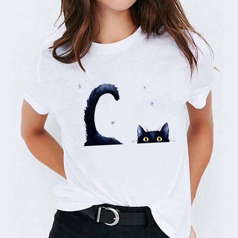 Cat Flamingo Round Neck Print T-shirt Short Sleeve Women's Clothing