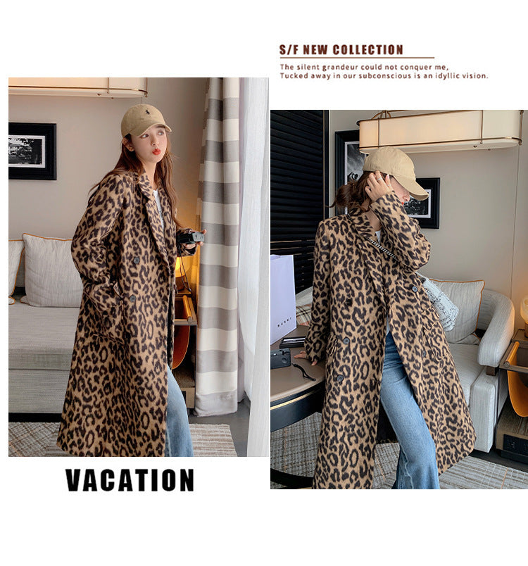 Women's Long Winter Leopard Print Woolen Coat