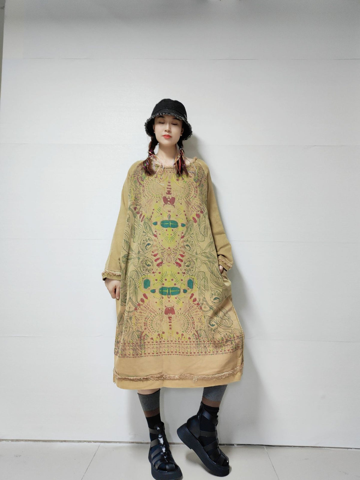 Retro Distressed Long Sleeve Dress Loose Plus Size Long Ethnic Style