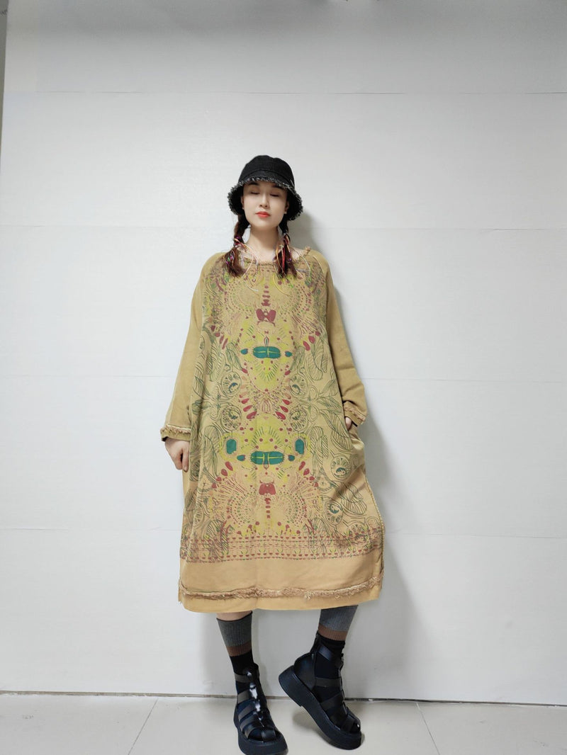 Retro Distressed Long Sleeve Dress Loose Plus Size Long Ethnic Style