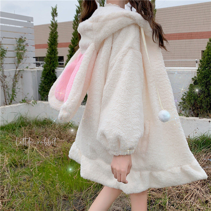 Cute rabbit ears hooded faux lamb wool