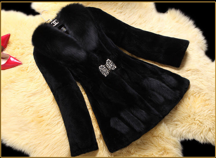 New Rex Rabbit Fleece Haining Fur Coat Mid-length Lady Fox Fur Collar Slim Fit