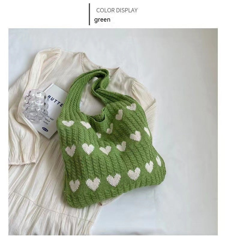 Fashion Large Capacity Heart-shaped Knitted Woven Shoulder Bag