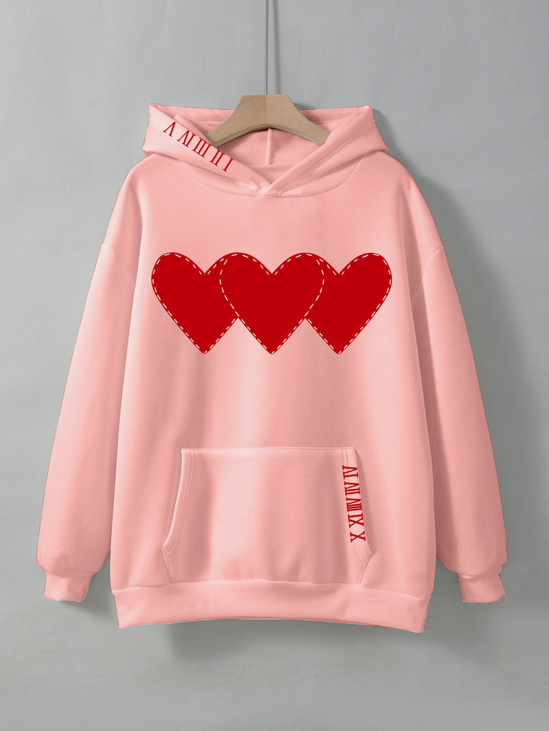 Women's Brushed Hoody Heart Shape Printed Drawstring Hoodie