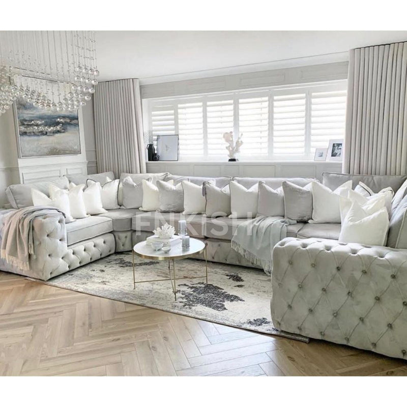 Ashton Luxury Chesterfield 7 Seater Corner U-Shape Couch Cream Plush Sofa