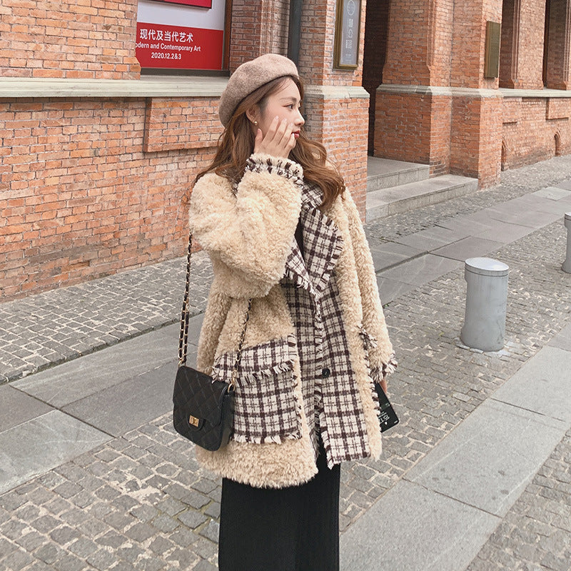 Temperament Commuter Check Stitching Lambs Wool Coat