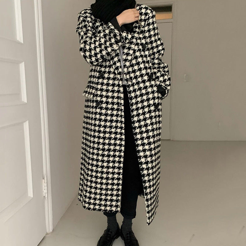 Suit Collar Houndstooth Single-breasted Long-sleeved Woolen Coat