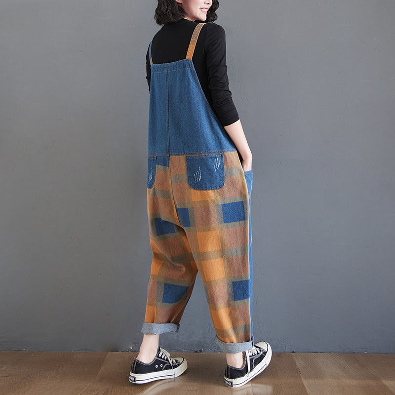 Vintage Literary Print Plaid Wash Denim Overalls