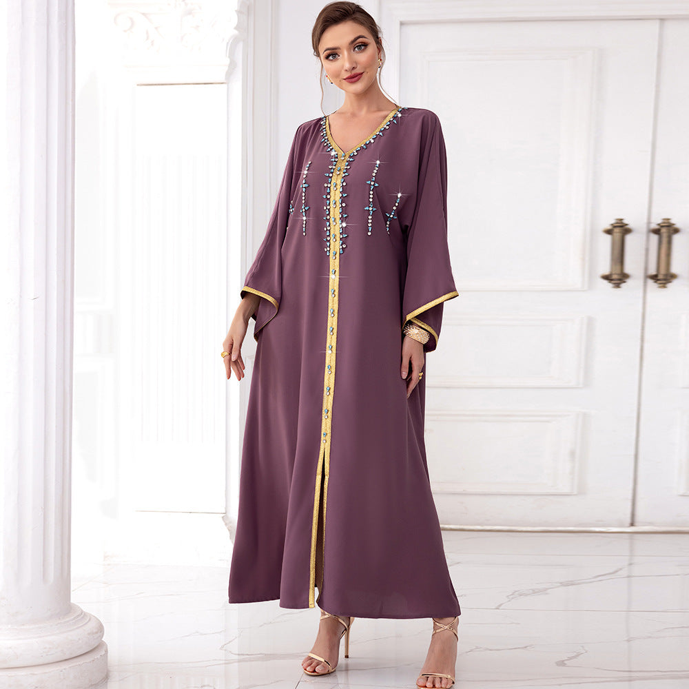 Spinach Root Color Hand-stitched Diamond Dubai Sleeve Dress