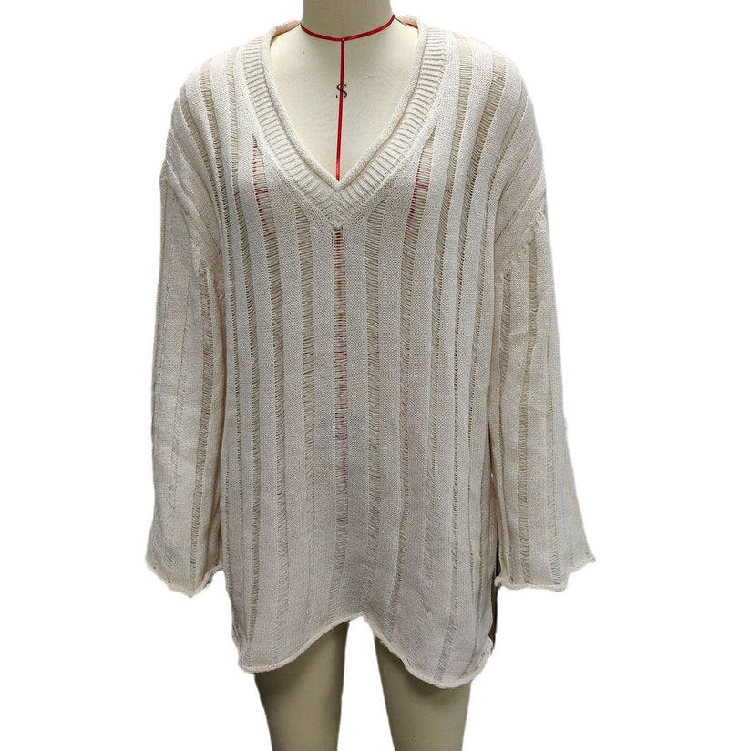 V-neck Long Sleeve Vertical Stripes Hollow Loose Fashion Sweater