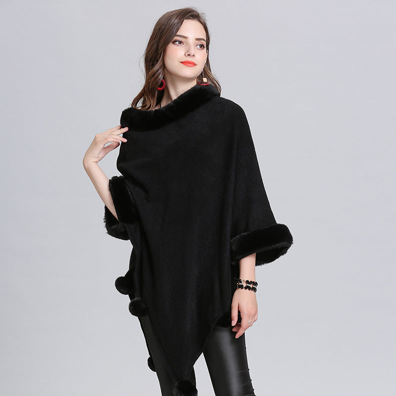 New Style Fox Fur Collar Jacquard Pullover Sweater Shawl