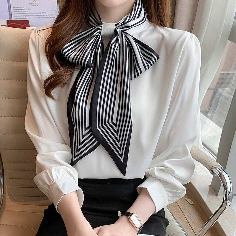 Lady Temperament Satin Striped Shirt With Ribbon