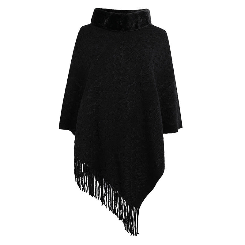 Shawl Cloak Sweater Women Fur Collar Fringed Hem Coat