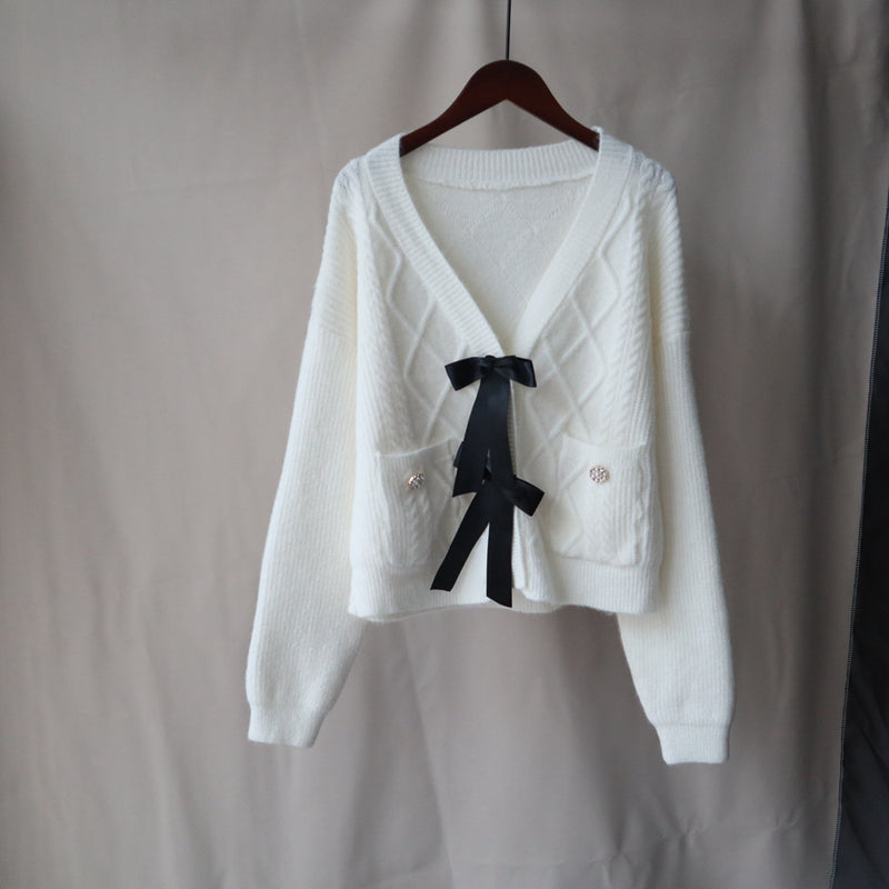 Autumn And Winter New Bow Design Knitted Cardigan