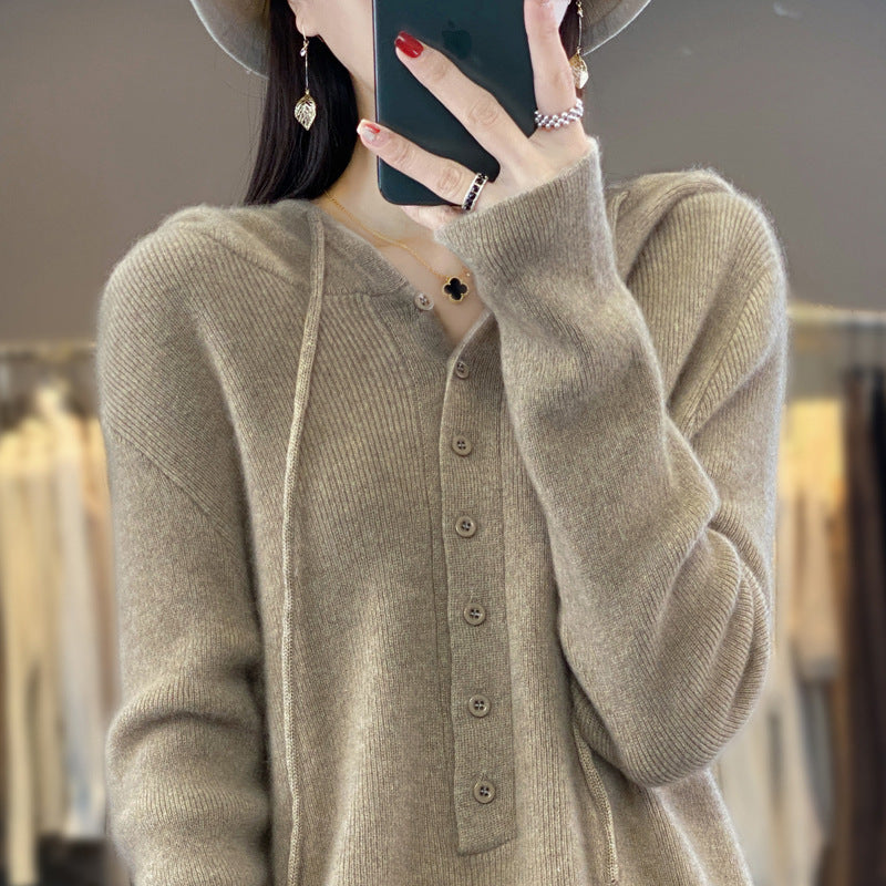 Ladies Hooded Knitted Loose Lazy Wool Coat