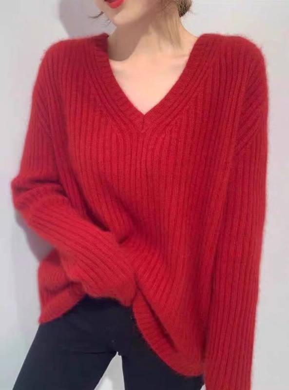 Loose Pullover V Neck Lazy Knit Sweater Outer Wear Women's Clothing