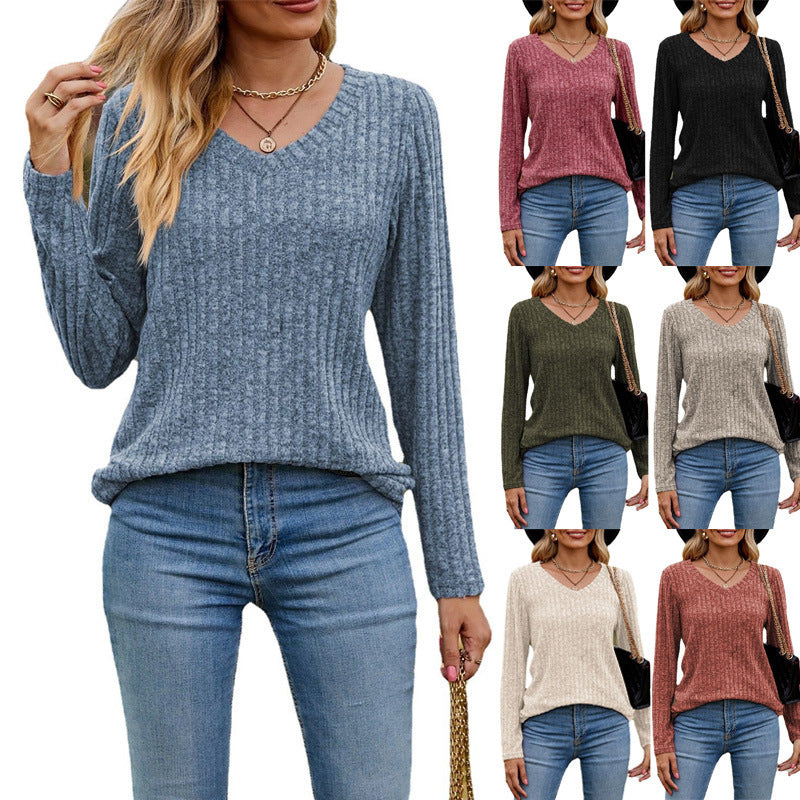 V-neck Brushed Sunken Stripe Solid Color Top Long Sleeve