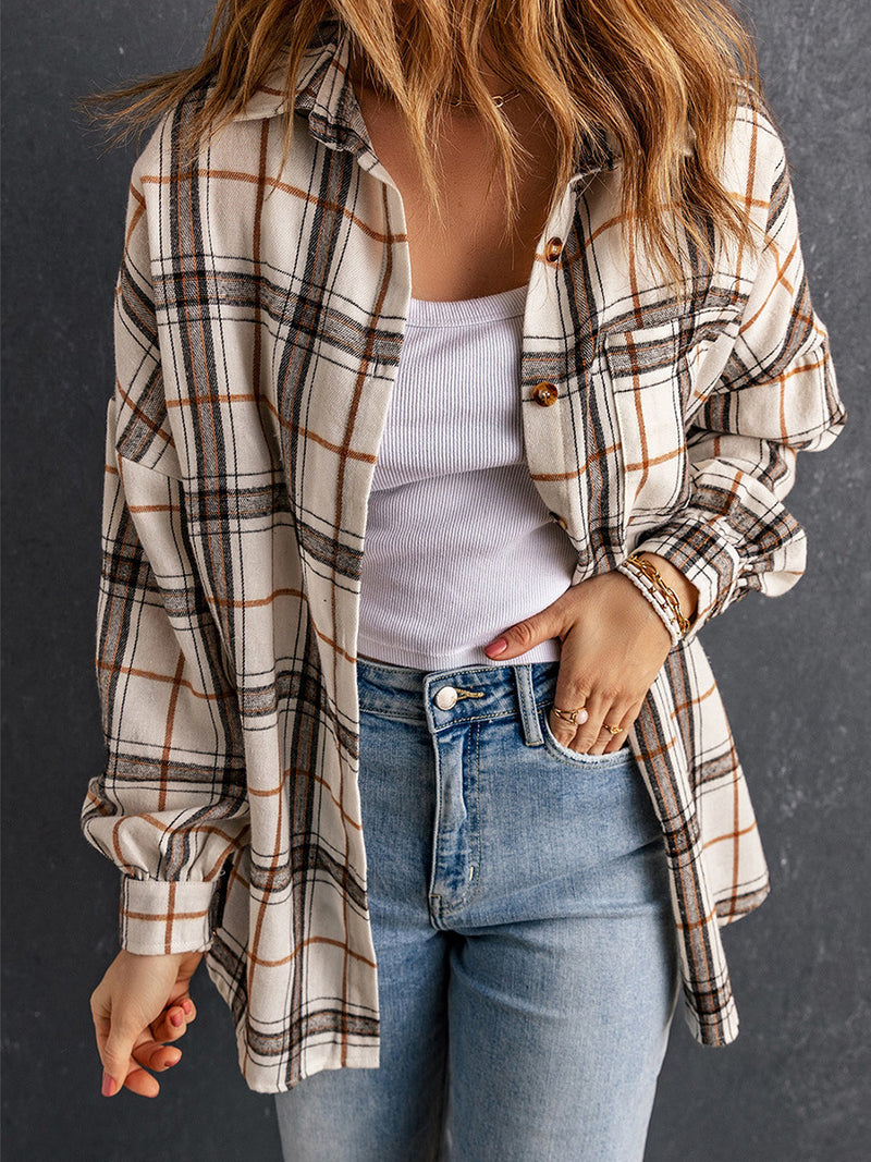 Plaid Long-sleeved Shirt Women's European And American Thigh-length Loose Cardigan All-matching Shirt