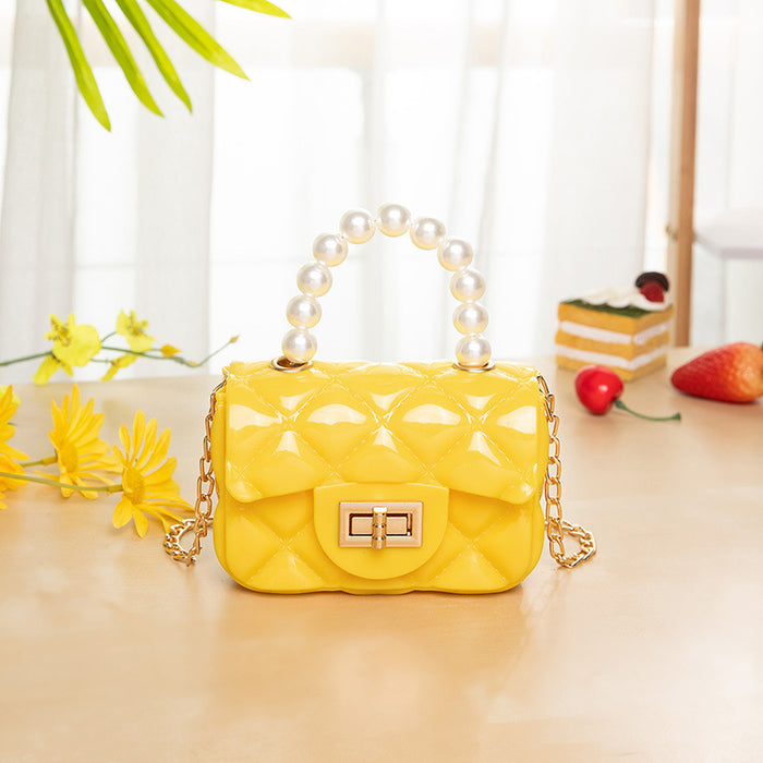 Children's Jelly Bag Rhombic Chain Pearl Handbag