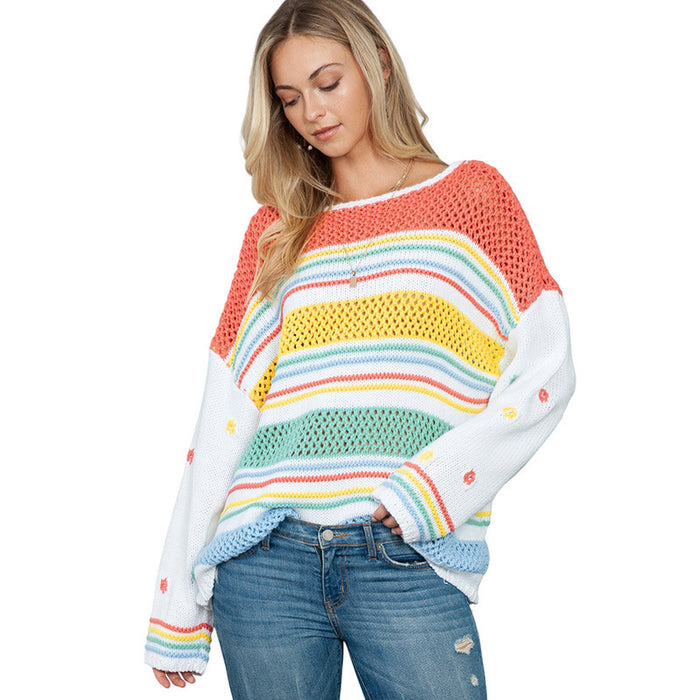 European And American Leisure Idle Style Colorized Sweater Women's Mixed Color Stripe Pullover Women