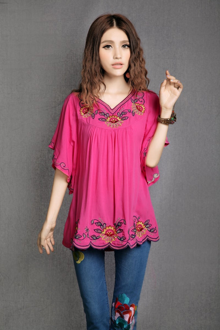 Ladies Embroidered Loose Shirt Flared Sleeves