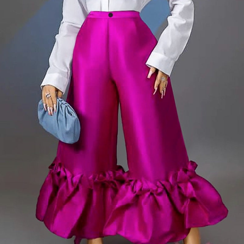 Patchwork Ruffled Loose High Waist Wide-leg Casual Pants