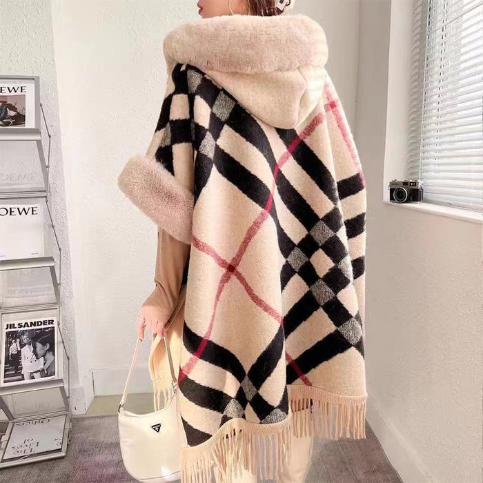 Women's New Loose Plaid And Fleece Collar Knitted Shawl Cape