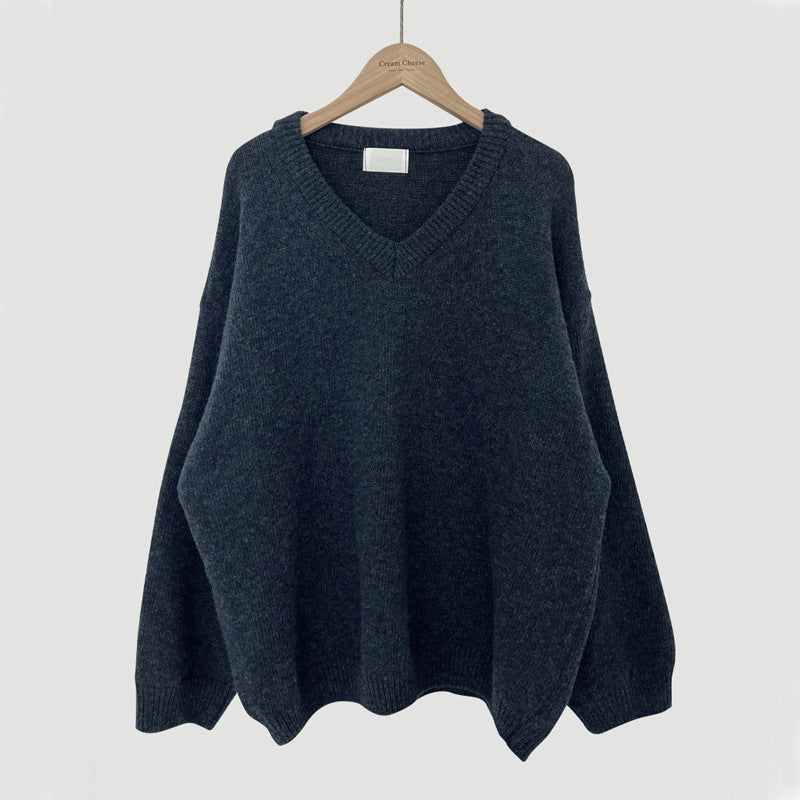 All-matching Solid Color V-neck Pullover Sweater Lazy